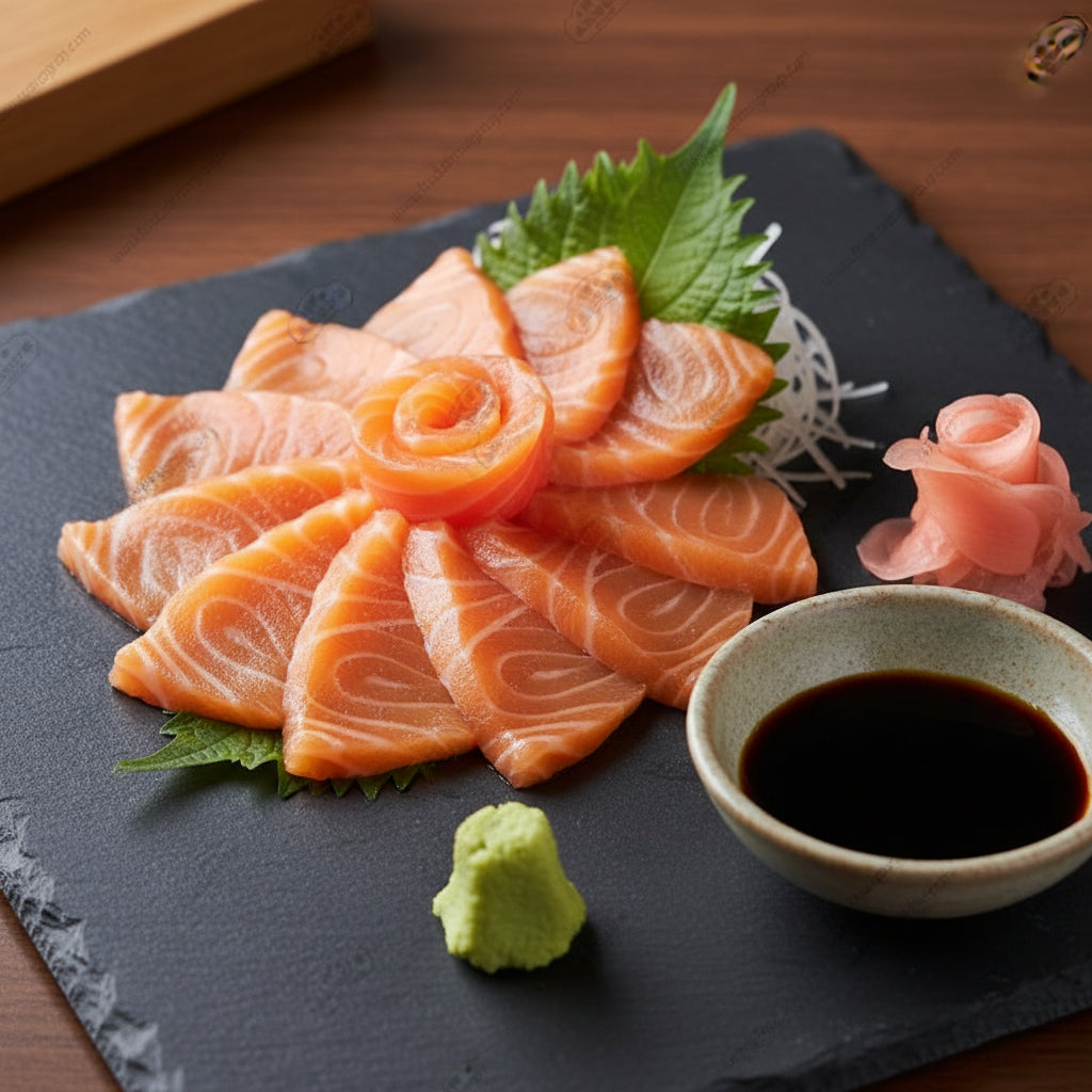 A single salmon steak on a black plate, ready to be cooked or served.