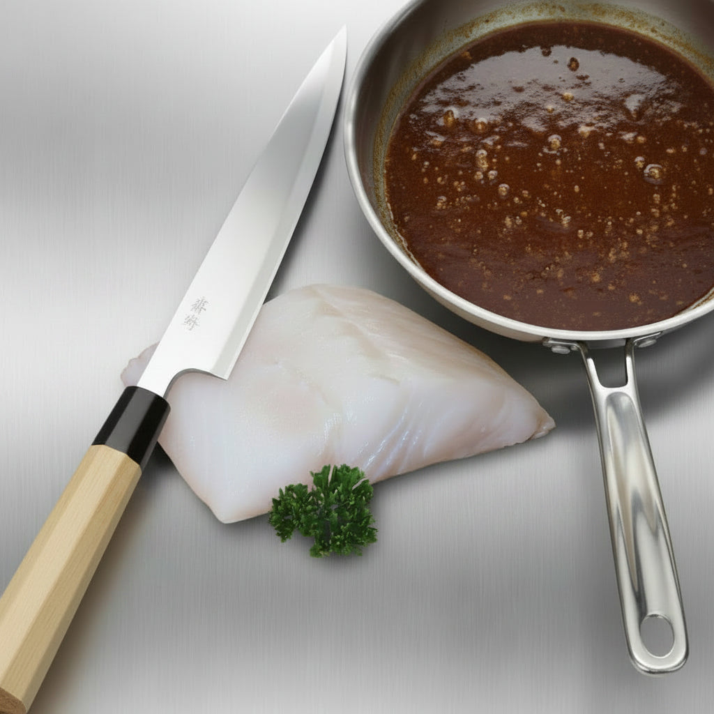 Raw fish fillet with a knife, parsley, and a pan of brown sauce on a light gray background