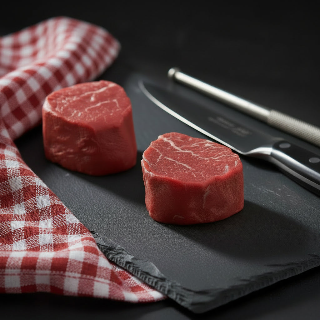 Two pieces of raw red meat on a white background