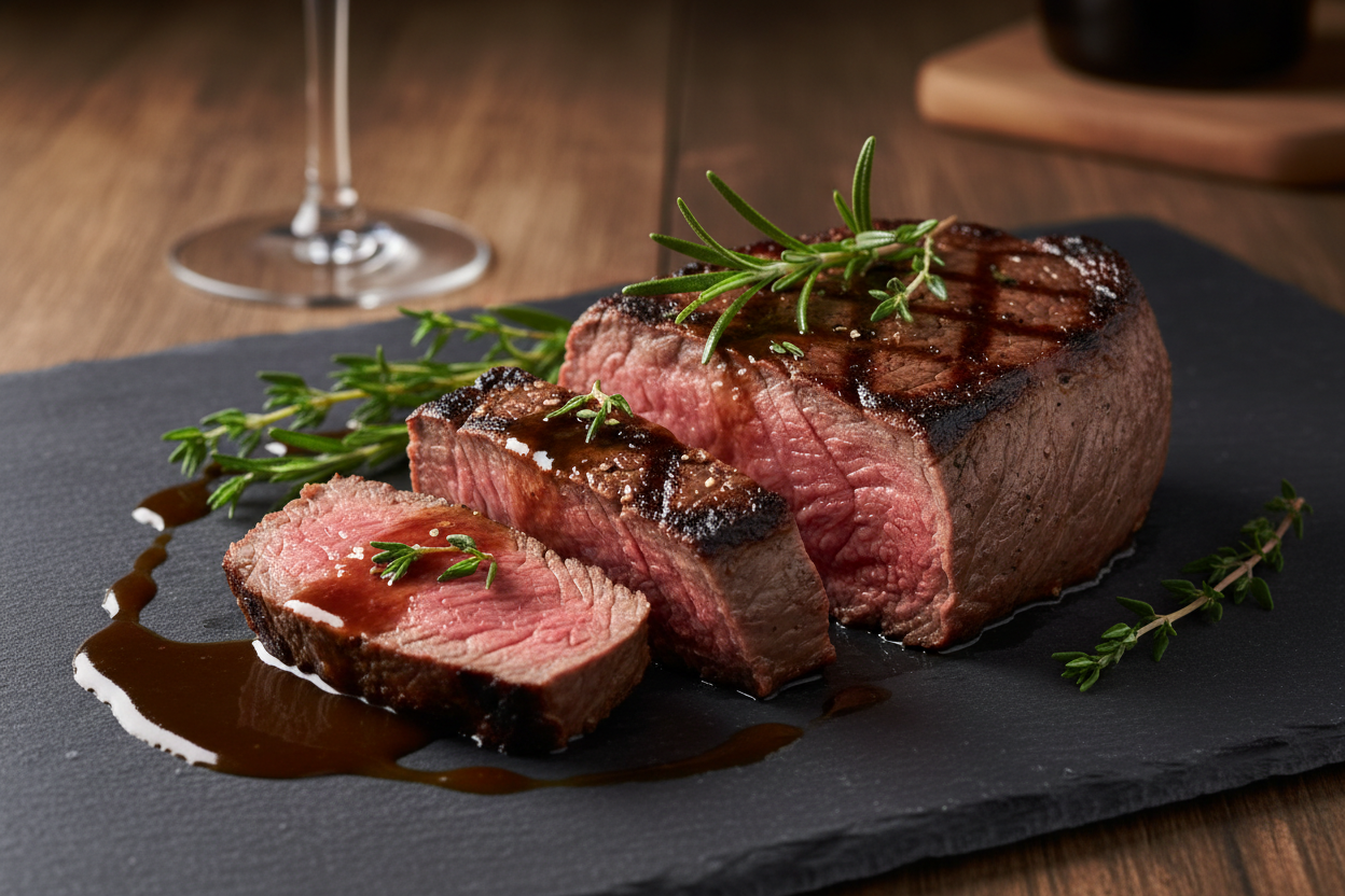 Sliced steak with rosemary on a slate platter, accompanied by a glass of red wine.
